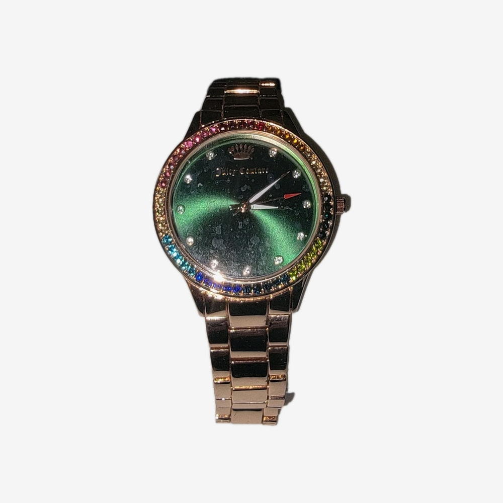 Juicy Couture Black Label Watch Rainbow & White Crystals Green Face Rose Gold